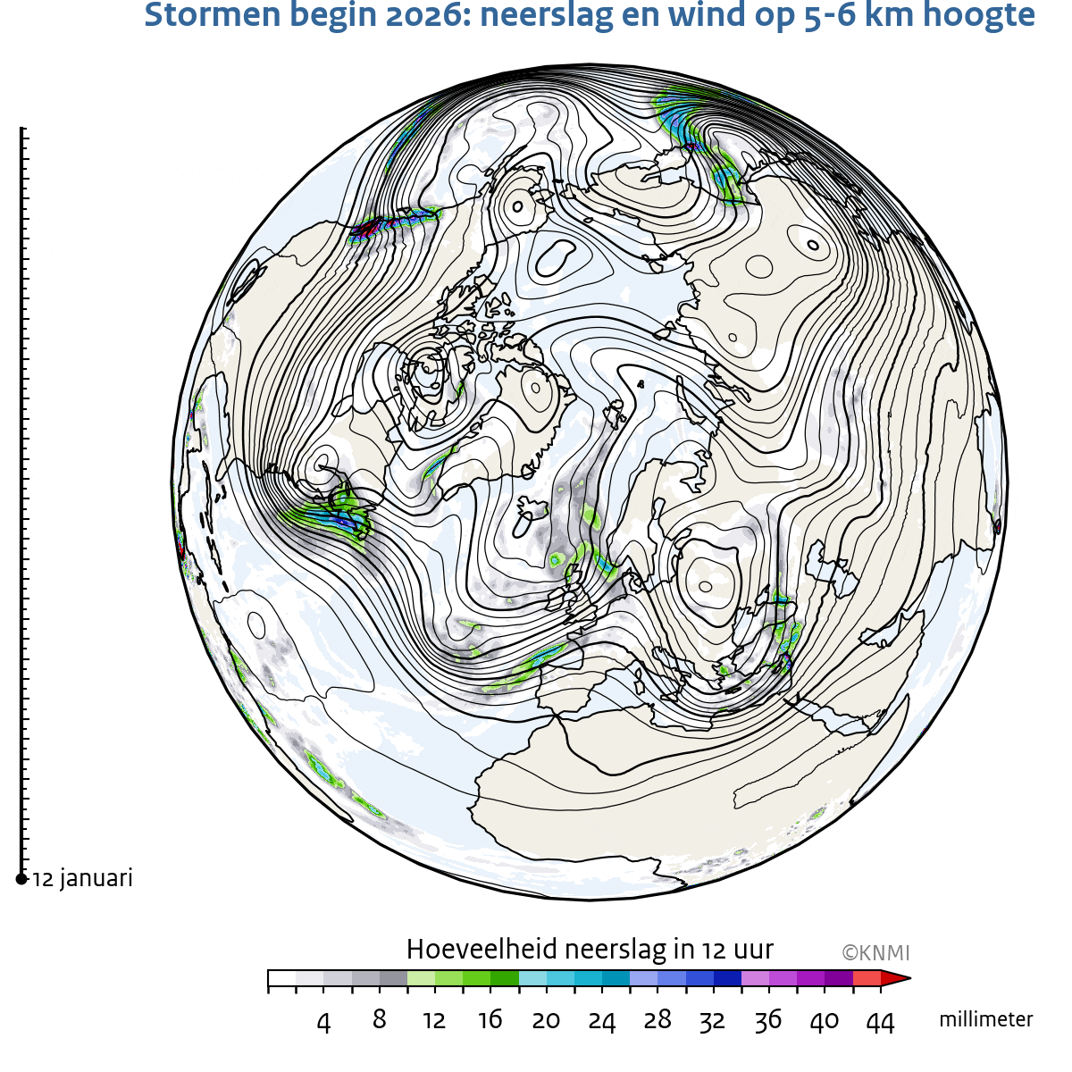 Animatie neerslag en 500 hPa hoogte Spanje